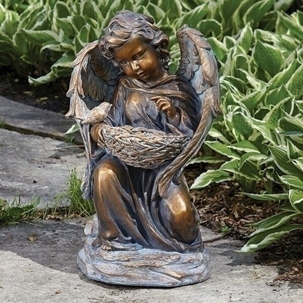 Angel Solar Bronze Colored Bird Bath Nest Night time lighting Statue